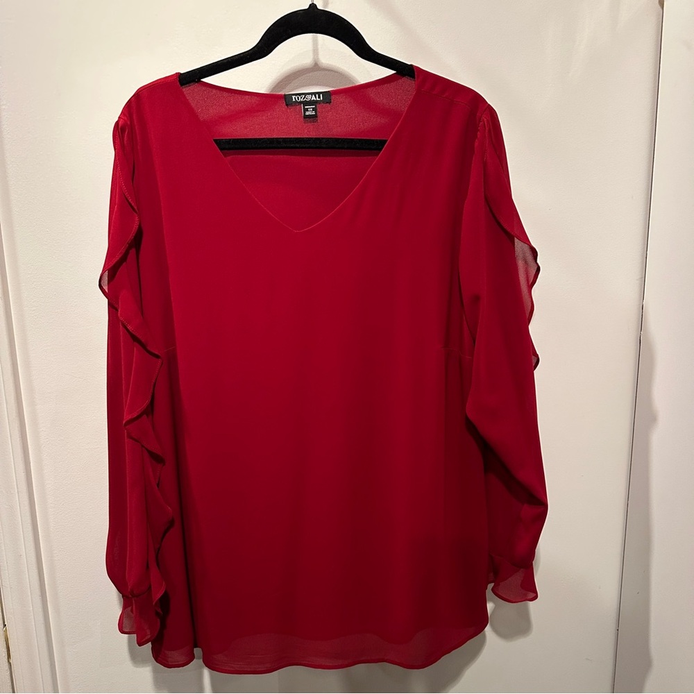 Roz & Ali 1X Scarlet V-Neck Blouse with Ruffle Detail